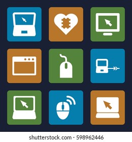 pc icons set. Set of 9 pc filled icons such as laptop connection, mouse, laptop, computer mouse, CPU in heart, display