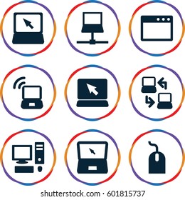 pc icons set. Set of 9 pc filled icons such as mouse, laptop, laptop connection, laptop signal, pc