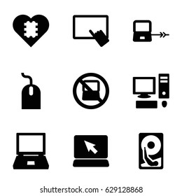 Pc icons set. set of 9 pc filled icons such as no laptop, laptop connection, finger on tablet, mouse, pc, hard disc, CPU in heart