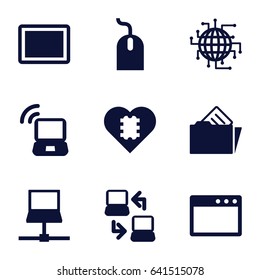 Pc icons set. set of 9 pc filled icons such as mouse, tablet, document in folder, laptop connection, laptop signal, cpu in heart, cpu planet, laptop