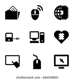 Pc icons set. set of 9 pc filled icons such as laptop connection, finger on tablet, mouse, document in folder, pc, computer mouse, cpu in heart, cpu planet