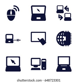 Pc icons set. set of 9 pc filled icons such as laptop connection, finger on tablet, laptop, pc, computer mouse