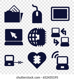 Pc icons set. set of 9 pc filled icons such as laptop connection, mouse, tablet, document in folder, laptop signal, cpu in heart, cpu planet