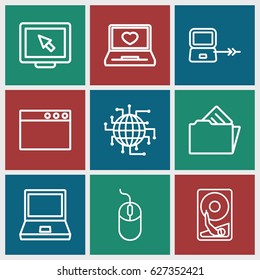 Pc icons set. set of 9 pc outline icons such as laptop connection, mouse, laptop with heart, document in folder, hard disc, display, laptop, CPU planet