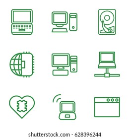 Pc icons set. set of 9 pc outline icons such as pc, laptop signal, hard disc, CPU in heart, CPU planet, laptop