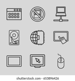 Pc icons set. set of 9 pc outline icons such as no laptop, finger on tablet, mouse, tablet, hard disc, display, cpu planet, laptop