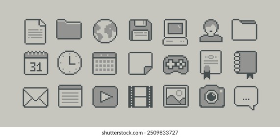 Ícones do PC definidos no estilo pixel art dos anos 90. Retro pixel vídeo game estilo escritório e organizador App ícones definir, gamepad, navegador, Pesquisar, PC janela, media player. Pixel office Ícones de memorando Vetor de pixel editável