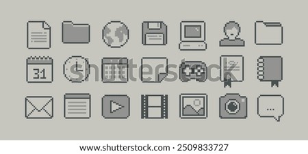 PC icons set in 90s pixel art style. Retro pixel video game style office and organizer App icons set, gamepad, browser, Search, PC window, media player. Pixel office Memo icons Editable pixel vector