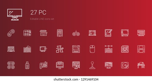 pc icons set. Collection of pc with computer, joystick, cpu, usb, gamepad, keyboard, mouse, browser, components, graphic tablet, laptop, tablet. Editable and scalable pc icons.