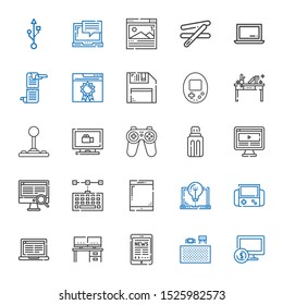 pc icons set. Collection of pc with computer, components, tablet, desk, laptop, video games, keyboard, usb, gamepad, monitoring, joystick, console. Editable and scalable pc icons.