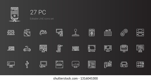 pc icons set. Collection of pc with cpu, browser, screen, computer, usb, monitor, graphic tablet, laptop, scroll, gamepad, components, tablet. Editable and scalable pc icons.