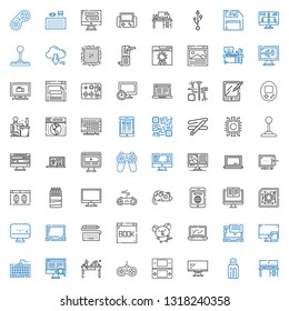 pc icons set. Collection of pc with desk, usb, monitor, console, gamepad, computer, keyboard, laptop, mouse, browser, screen, cpu, tablet, sticks. Editable and scalable pc icons.