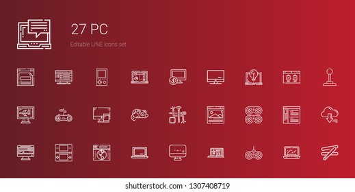 pc icons set. Collection of pc with gamepad, laptop, screen, browser, console, computer, components, mouse, stick, server, joystick. Editable and scalable pc icons.
