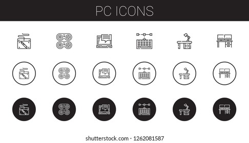 pc icons set. Collection of pc with graphic tablet, gamepad, laptop, keyboard, desk. Editable and scalable pc icons.