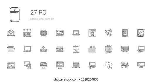 pc icons set. Collection of pc with server, computer, laptop, cpu, components, graphic tablet, gamepad, keyboard, mouse, browser, monitor, desk. Editable and scalable pc icons.