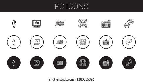 pc icons set. Collection of pc with usb, monitoring, laptop, gamepad, keyboard. Editable and scalable pc icons.