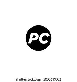 "PC" initial letters on comapny name. PC company logo. PC Fictional vector on black round solid shape.