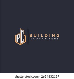 PC initial monogram logo real estate for building with polygon style