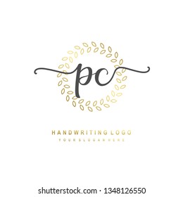 PC initial signature logo. handwriting logo template vector,