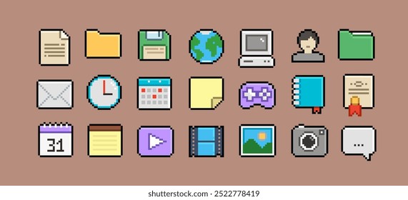 PC-Interface-Icons im 90er Pixel Art Style (5). Retro Pixel Videospiel Stil Büro und Organizer App-Symbole, Kalender, Gamepad, PC-Symbol, Dateiordner, Media Player. Bearbeitbarer Pixelvektor