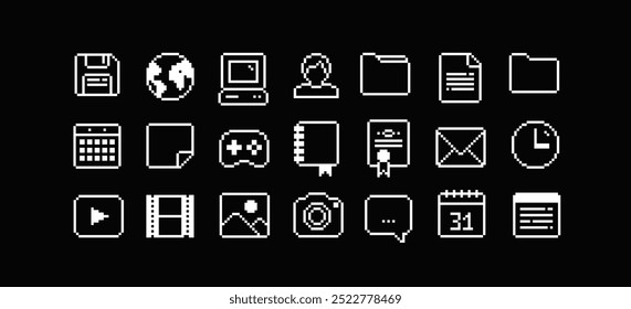 Ícones da interface do PC no estilo da arte de 90s pixel (4). Retro pixel vídeo game estilo escritório e organizador App ícones definir, calendário, gamepad, ícone do PC, pasta de arquivos, media player. Vetor de pixels editável