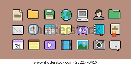 PC interface icons in 90s pixel art style (5). Retro pixel video game style office and organizer App icons set, calendar, gamepad, PC icon, file folder, media player. Editable pixel vector