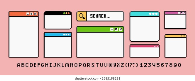 Sinal de janela da interface do PC no estilo de arte de 90s pixels. Jogo de vídeo retro no estilo de 8 bits Barra de pesquisa. Janela do PC, Área de trabalho. Gráficos de pixel vetorial em plano de fundo rosa