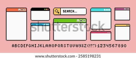 PC interface window sign in 90s pixel art style. Retro video game in 8-bit style Search bar. PC window, Desktop. Vector Pixel graphics on pink background
