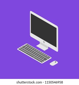 PC isometric. Vector. Computer isometric icon. Vector. Isometric white PC monitor with keyboard button and mouse. Flat simple style.