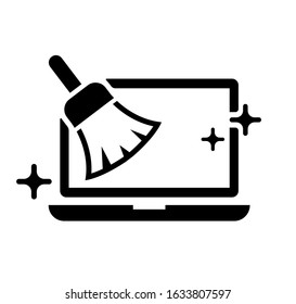 PC ( laptop computer ) cleaning with broom ( duster ) vector icon illustration