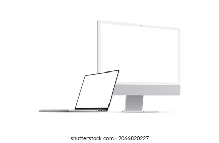 PC and Laptop Mockup with Blank Screens Isolated on White Background, Perspective Side View. Vector Illustration