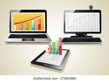 PC, laptop and tablet with business graph