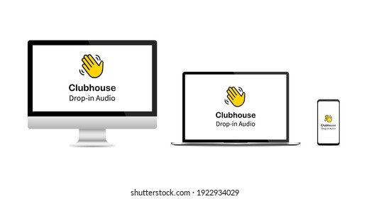 PC laptop tablet and smartphone creen set with Clubhouse invite logo on display. Vector illustration EPS 10