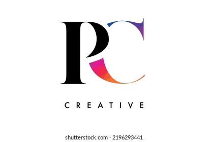 PC Letter Design with Creative Cut and Colorful Rainbow Texture. CP Letter Icon Vector Logo with Serif Font and Minimalist Style.