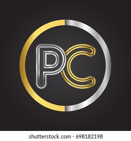 PC Letter logo in a circle. gold and silver colored. Vector design template elements for your business or company identity.