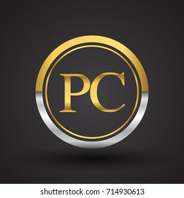 PC Letter logo in a circle, gold and silver colored. Vector design template elements for your business or company identity.
