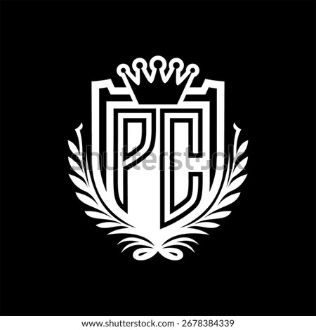 PC Letter logo heraldic shield shape with crown, vintage shield on black background template design