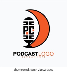 PC letter vector podcast logo template. Microphone and crescent concept. Logos can be used for music, sound, icons, vintage and business enterprises