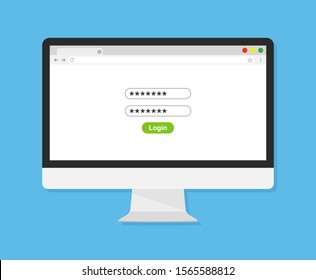 Pc with login form page on screen. Vector illustration