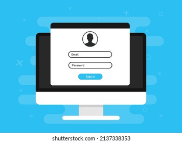 Pc with login form page on screen. Vector illustration