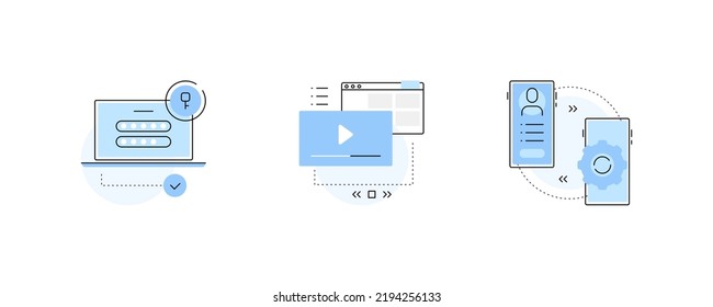 PC login and password. Video blog. Smartphone and sharing. High tech concepts. Set of three simple flat icons. Vector file.