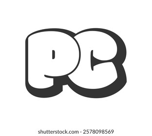 PC logo, bubble comic lettering, rounded in graffiti style black and white silhouette. Trendy preschool P and C letter text for festival party, personal initials, children funky print and web.