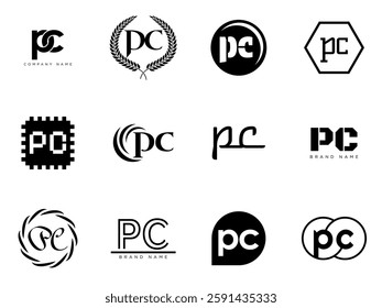 PC logo company template. Letter p and c logotype. Set different classic serif lettering and modern bold text with design elements. Initial font typography. Collection trendy business identity.