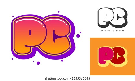 PC logo design for festival or party. Initial letter p and c in graffiti style. Creative modern lettering company name of font typography. Kids trendy logotype or identity. Vector illustration.