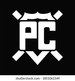 PC Logo monogram isolated on shield shape with rounded line on black background