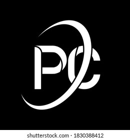 logotipo de PC. Diseño P C. Letra blanca del PC. Diseño del logotipo de la carta PC/P C. Letra inicial logotipo de monograma en mayúscula de círculo de PC enlazado.	
