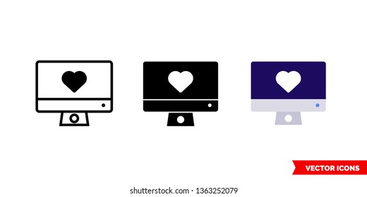 Pc love icon of 3 types: color, black and white, outline. Isolated vector sign symbol.