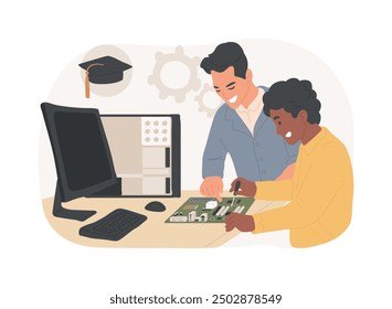 PC maintenance and repair isolated cartoon vector illustrations. Technical college student with teacher repair PC, computer user support, work process, associate degree vector cartoon.