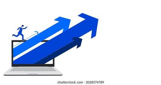 PC y muchas flechas con el hombre en ejecución, espacio de copia, aislado en blanco, ilustración vectorial