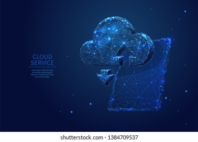 PC Mobile cloud storage. Low poly wireframe. Cloud on PC tablet screen. Abstract vector illustration and device. Starry sky blue polygonal art.